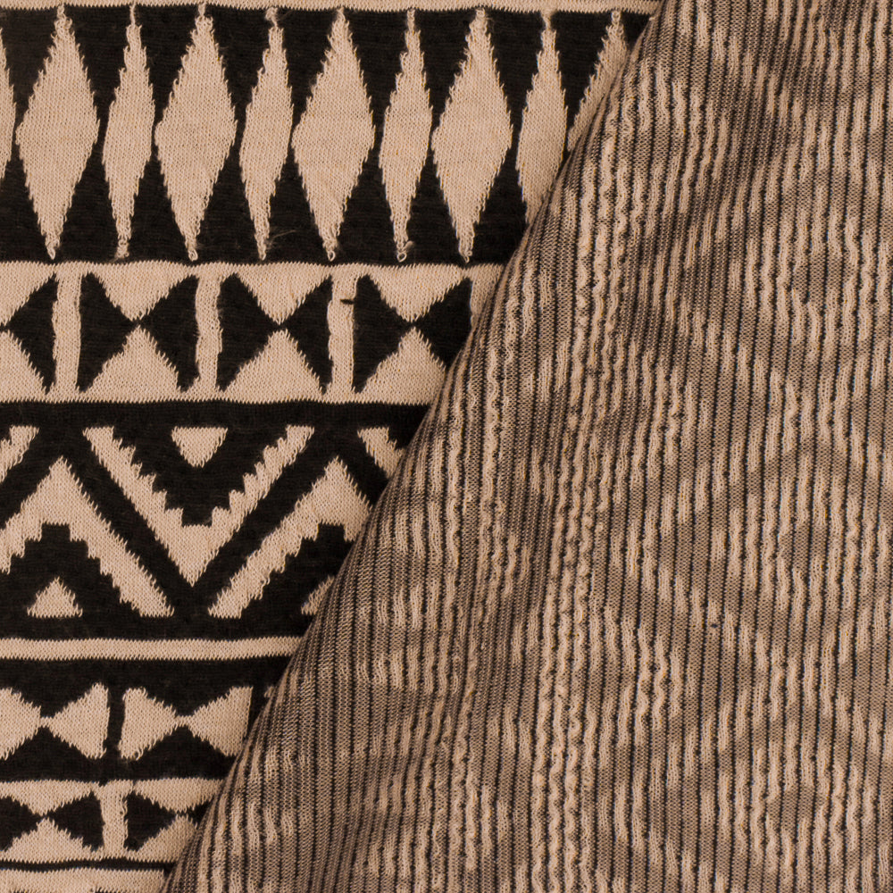 1 Yard Dusty Beige & Black Aztec Jacquard Stretch Polyester Double Knit Fabric 63 Inches Width