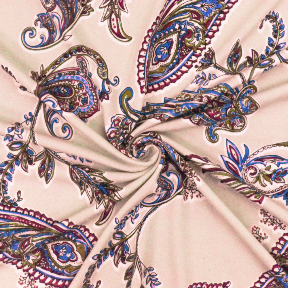 1 Yard Light Pink, White & Multi Paisley Printed Stretch ITY Knit Fabric Soft 60 Inches Width