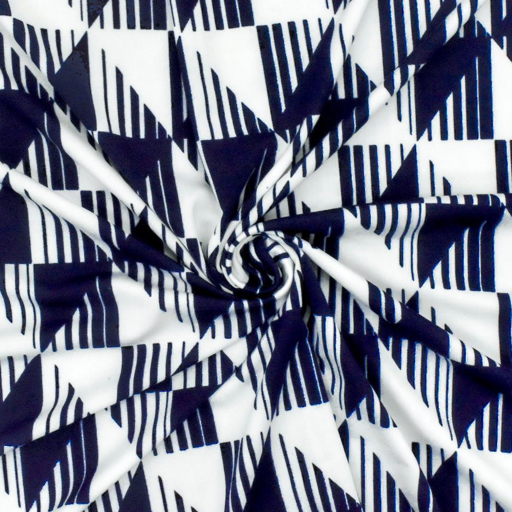 1 Yard Dark Navy & White Diamond Geometry Stretch ITY Knit Fabric Soft 60 Inches Width