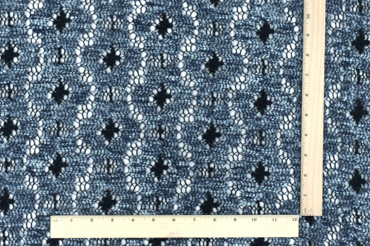 1 Yard Ash Blue Black Multi Abstract Raschel Crochet Knit Fabric Apparel Dresses 57 Inches Width