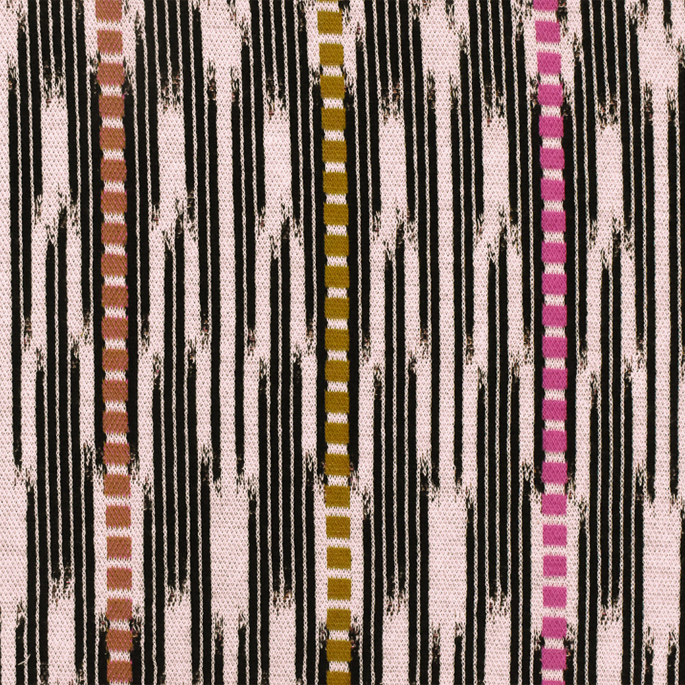 1 Yard Pink Ivory-Black-Multi Abstract Ikat Stripe Stretch Double Knit Fabric 53 Inches Wide