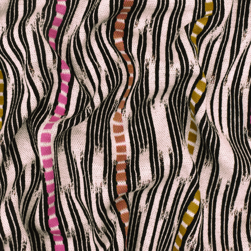 1 Yard Pink Ivory-Black-Multi Abstract Ikat Stripe Stretch Double Knit Fabric 53 Inches Wide