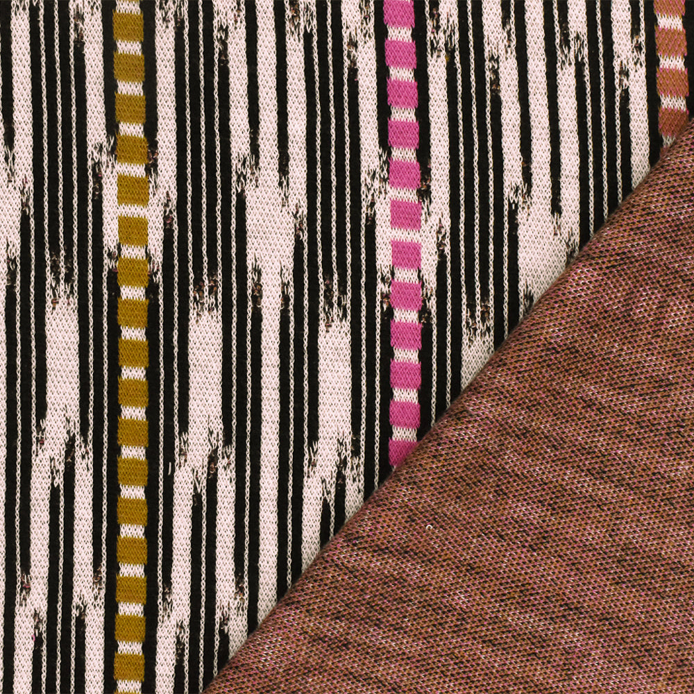 1 Yard Pink Ivory-Black-Multi Abstract Ikat Stripe Stretch Double Knit Fabric 53 Inches Wide
