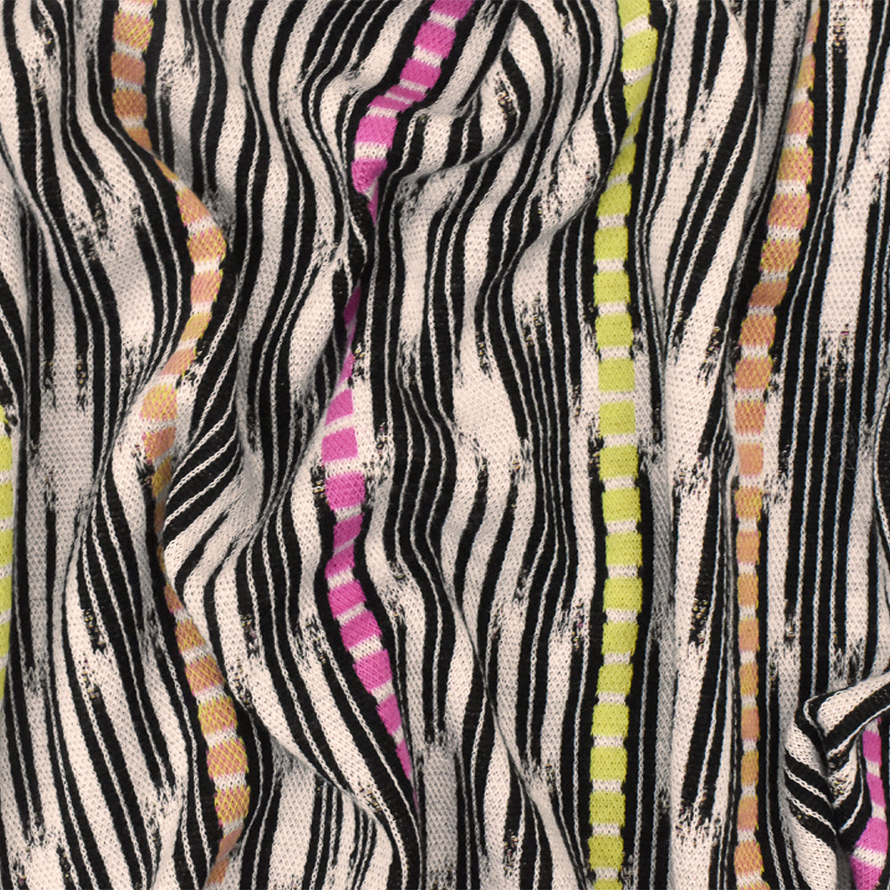 1 Yard Pink-Black-Multi Abstract Ikat Stripe Stretch Jacquard Double Knit Fabric 53 Inches Wide