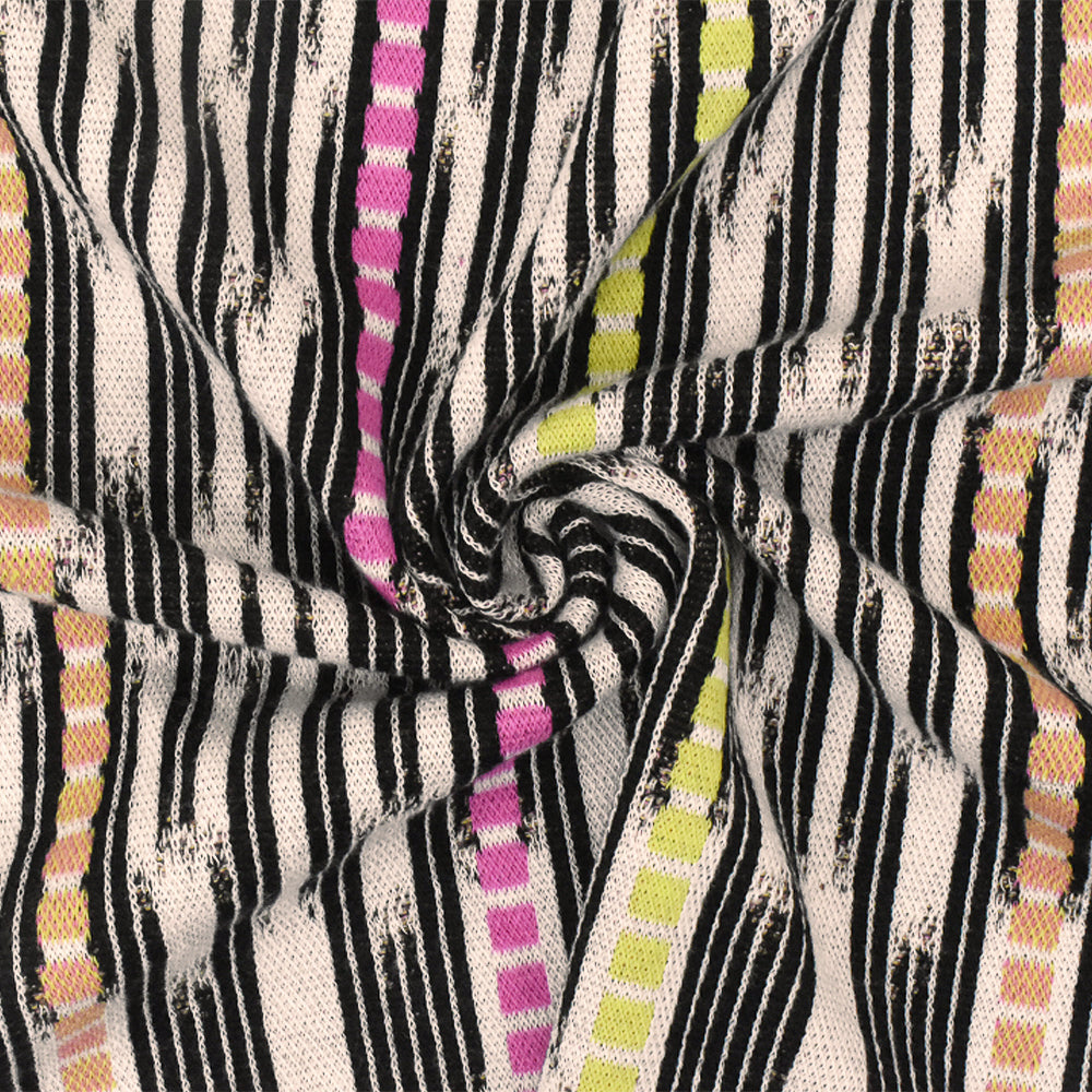 1 Yard Pink-Black-Multi Abstract Ikat Stripe Stretch Jacquard Double Knit Fabric 53 Inches Wide