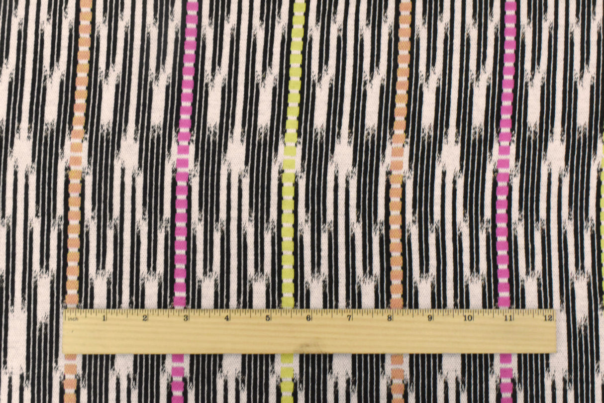1 Yard Pink-Black-Multi Abstract Ikat Stripe Stretch Jacquard Double Knit Fabric 53 Inches Wide