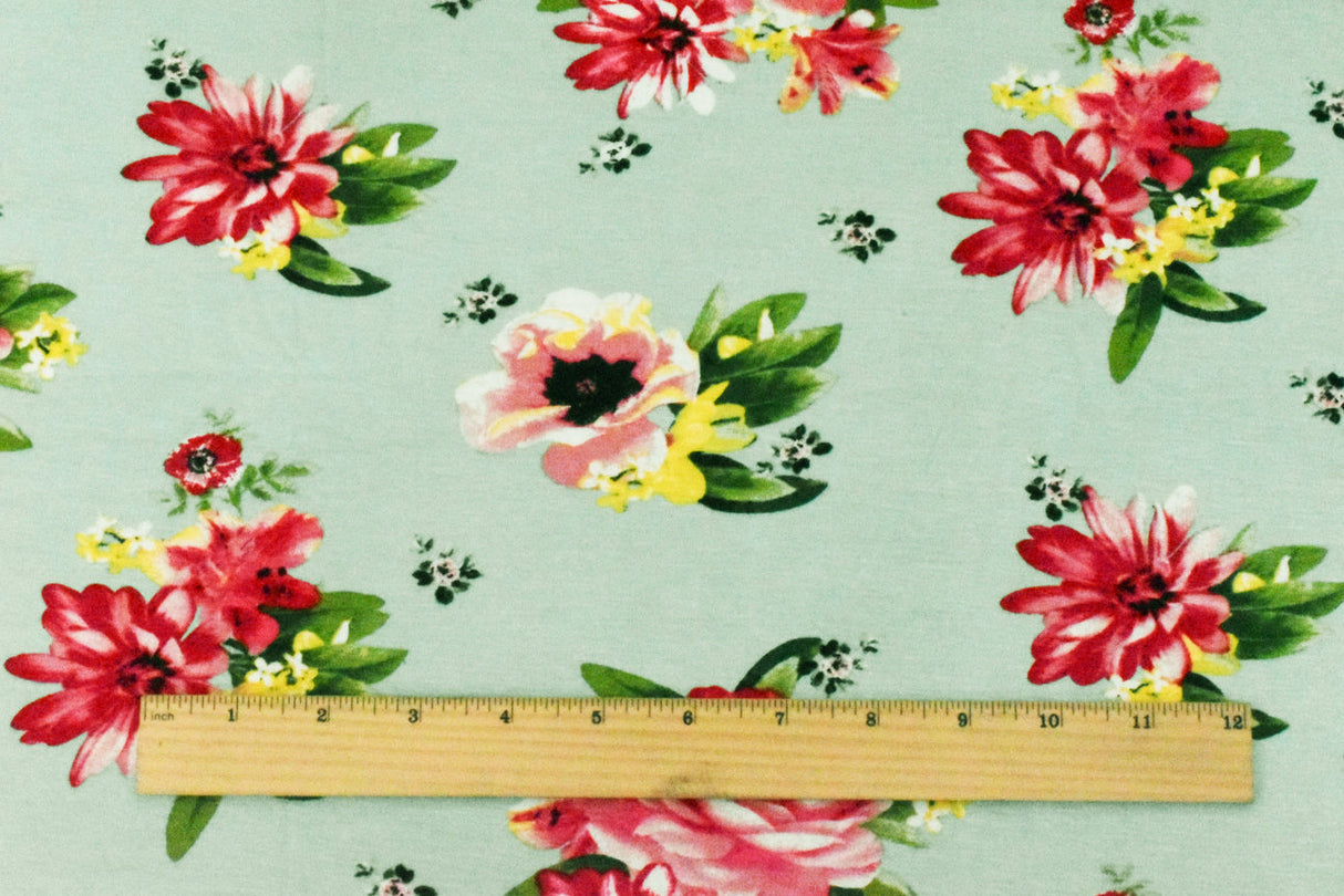 ১ গজ পরিষ্কার টিল-রেড-মাল্টি ফ্লোরাল প্রিন্টেড স্ট্রেচ রেয়ন জার্সি নিট ফ্যাব্রিক ৬২ ইঞ্চি চওড়া