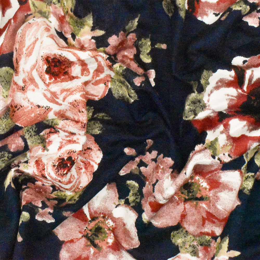 ১ গজ নাইট ব্লু-পিঙ্ক-মাল্টি ফ্লোরাল প্রিন্টেড স্ট্রেচ রেয়ন জার্সি নিট ফ্যাব্রিক ৬৪ ইঞ্চি চওড়া