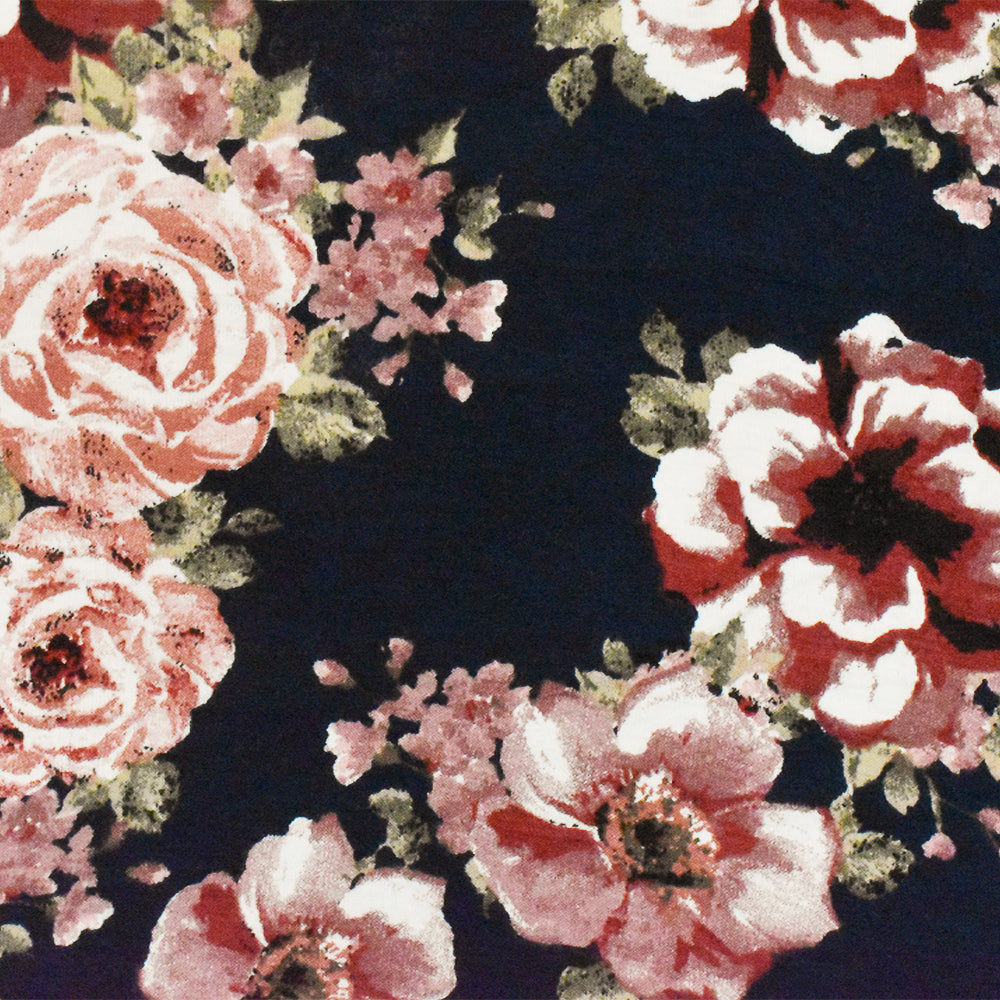 ১ গজ নাইট ব্লু-পিঙ্ক-মাল্টি ফ্লোরাল প্রিন্টেড স্ট্রেচ রেয়ন জার্সি নিট ফ্যাব্রিক ৬৪ ইঞ্চি চওড়া