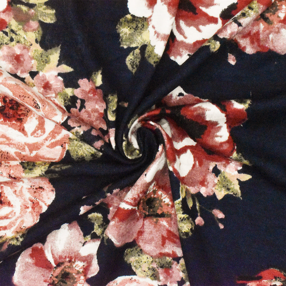 ১ গজ নাইট ব্লু-পিঙ্ক-মাল্টি ফ্লোরাল প্রিন্টেড স্ট্রেচ রেয়ন জার্সি নিট ফ্যাব্রিক ৬৪ ইঞ্চি চওড়া