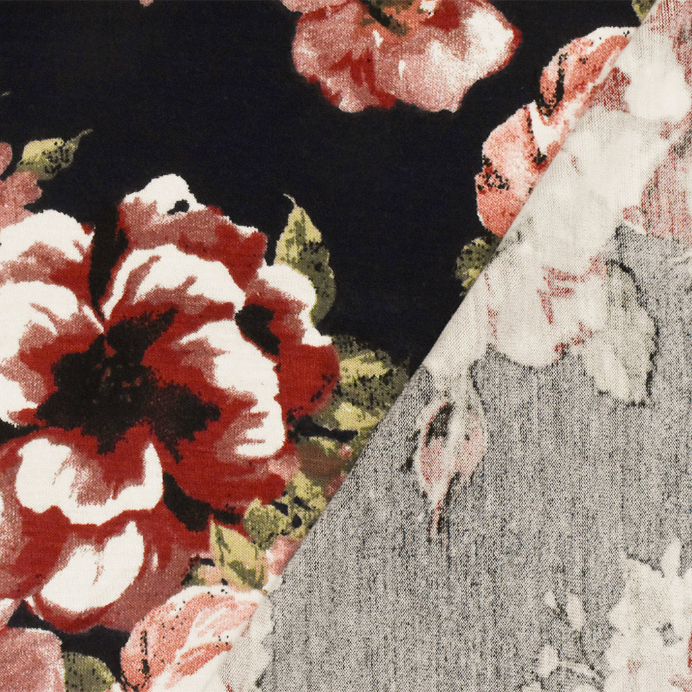 ১ গজ নাইট ব্লু-পিঙ্ক-মাল্টি ফ্লোরাল প্রিন্টেড স্ট্রেচ রেয়ন জার্সি নিট ফ্যাব্রিক ৬৪ ইঞ্চি চওড়া