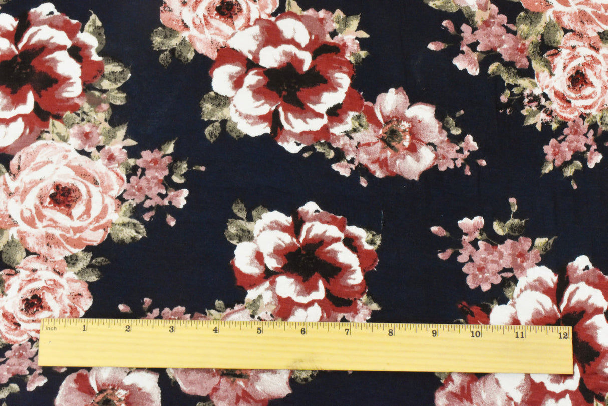 ১ গজ নাইট ব্লু-পিঙ্ক-মাল্টি ফ্লোরাল প্রিন্টেড স্ট্রেচ রেয়ন জার্সি নিট ফ্যাব্রিক ৬৪ ইঞ্চি চওড়া