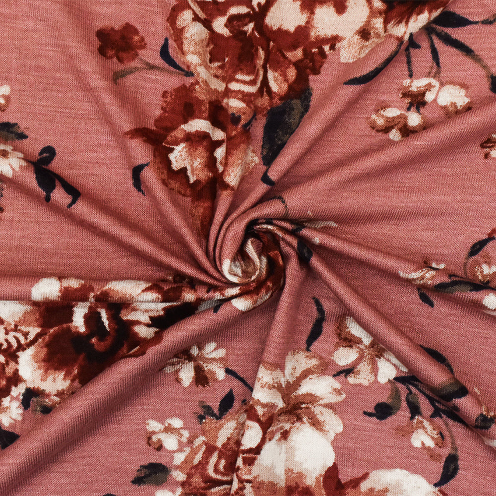 1 Yard Floral Printed Stretch Rayon Jersey Knit Fabri Dusty Pink-Red-Multi Floral 64 Inches Wide