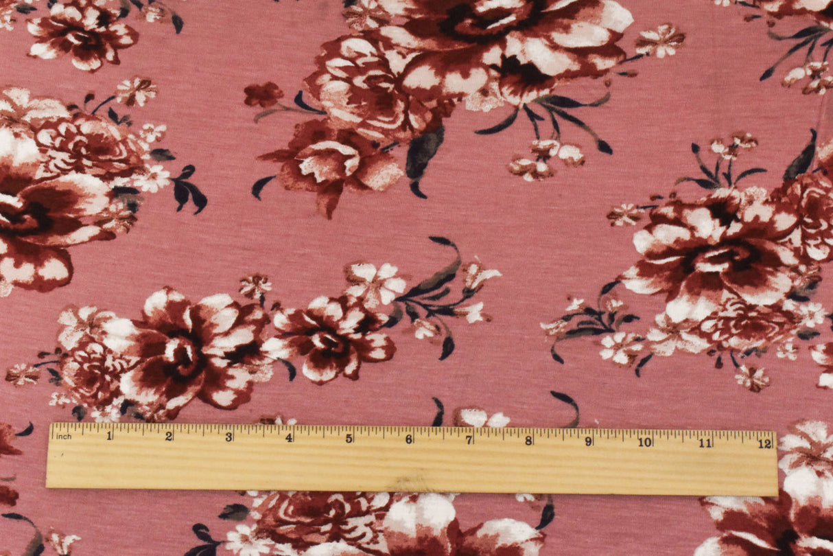1 Yard Floral Printed Stretch Rayon Jersey Knit Fabri Dusty Pink-Red-Multi Floral 64 Inches Wide