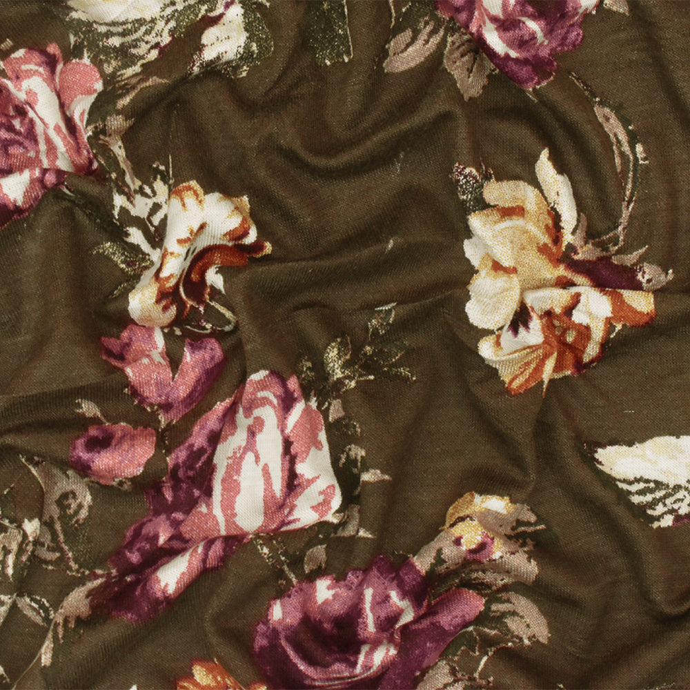 1 Yard Oak Brown-Pink-Multi Floral Printed Stretch Rayon Jersey Knit Fabric 62 Inches Wide