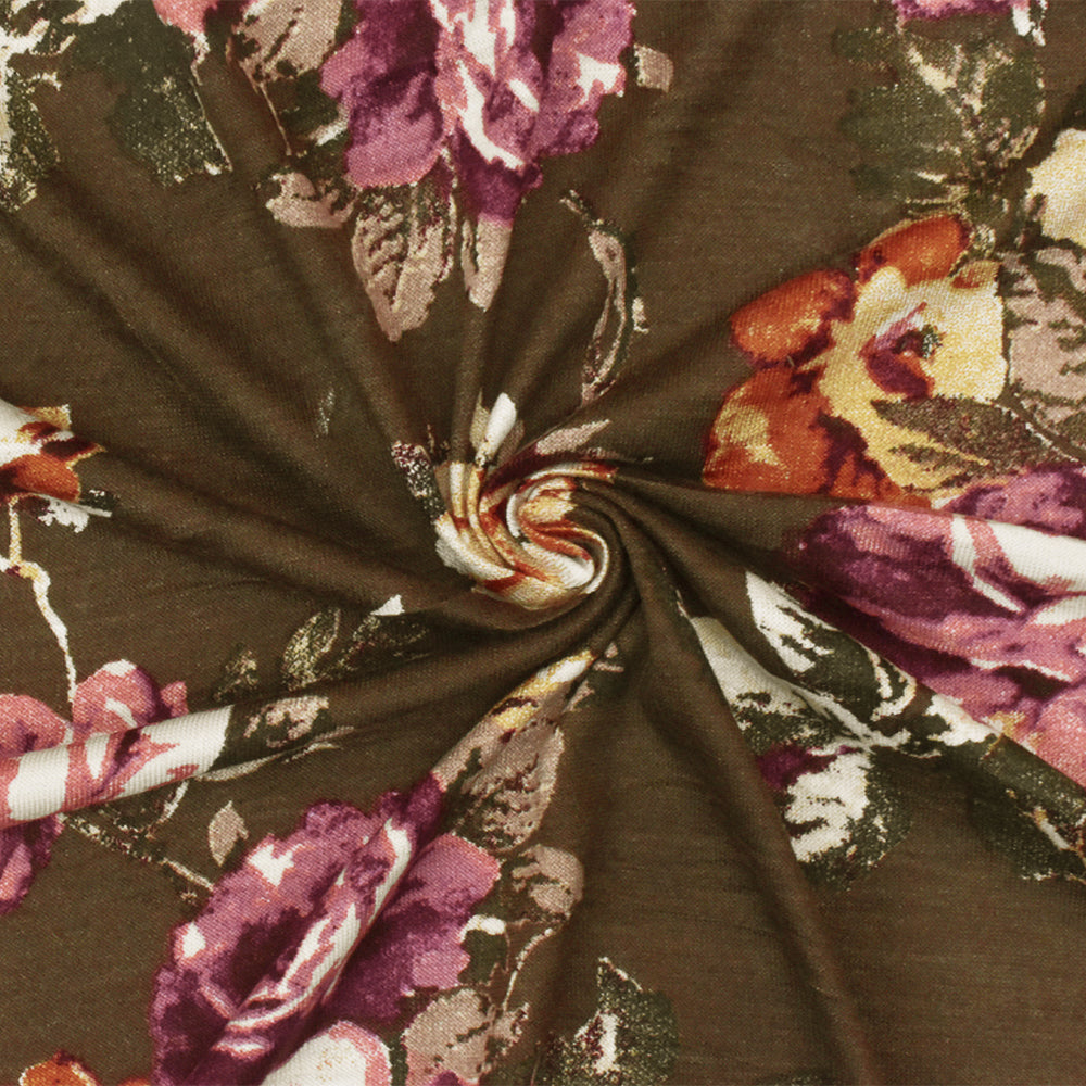 1 Yard Oak Brown-Pink-Multi Floral Printed Stretch Rayon Jersey Knit Fabric 62 Inches Wide