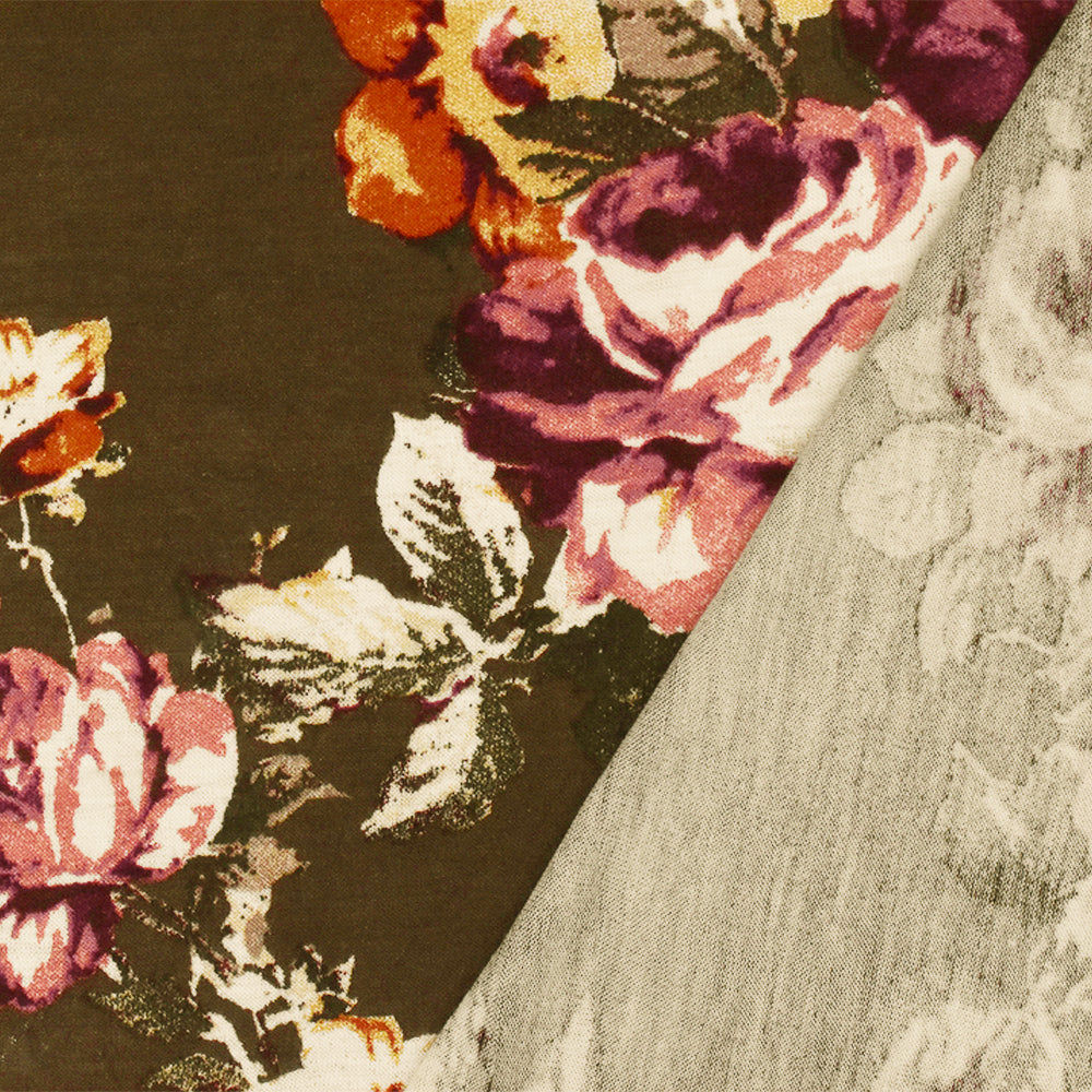 1 Yard Oak Brown-Pink-Multi Floral Printed Stretch Rayon Jersey Knit Fabric 62 Inches Wide