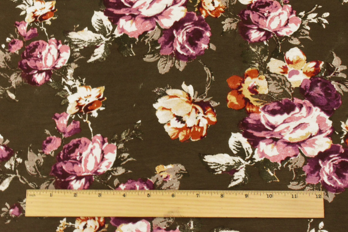1 Yard Oak Brown-Pink-Multi Floral Printed Stretch Rayon Jersey Knit Fabric 62 Inches Wide
