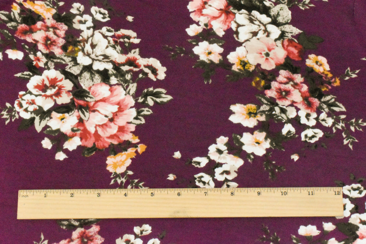 1 Yard Raspberry Red-Pink-Multi Floral Printed Stretch Rayon Jersey Knit Fabric 63 Inches Wide