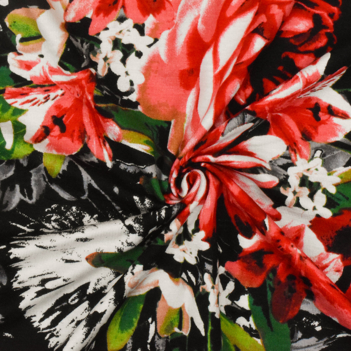 ১ গজ পিওর রেড ব্ল্যাক মাল্টি ফ্লোরাল প্রিন্টেড স্ট্রেচ রেয়ন জার্সি নিট ফ্যাব্রিক ৬০ ইঞ্চি চওড়া