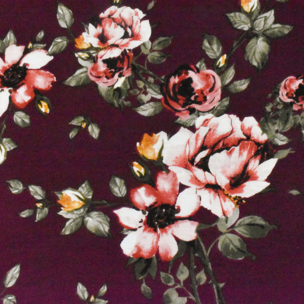 1 Yard Vintage Maroon Olive Multi Floral Printed Stretch Rayon Jersey Knit Fabric 52 Inches Wide
