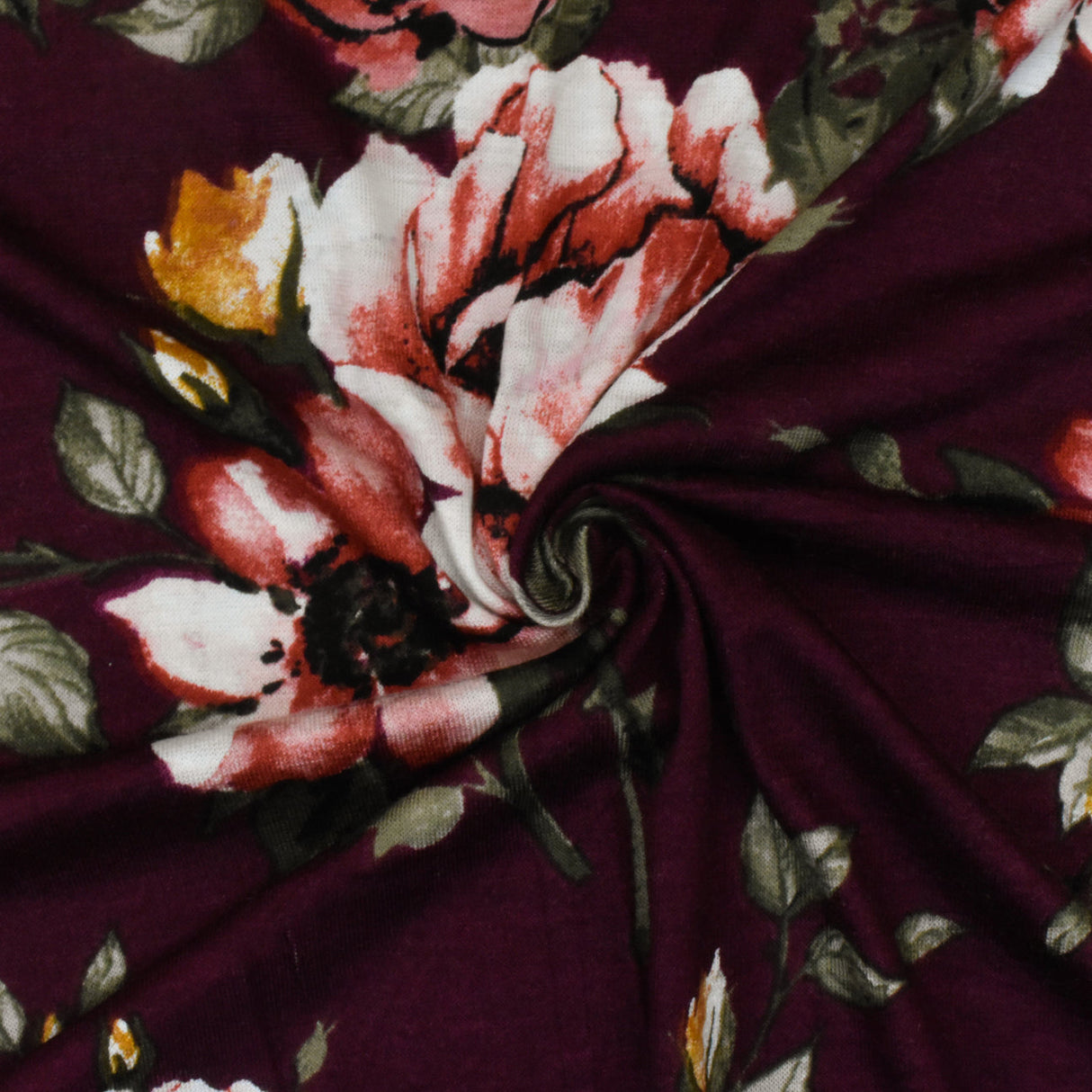 1 Yard Vintage Maroon Olive Multi Floral Printed Stretch Rayon Jersey Knit Fabric 52 Inches Wide