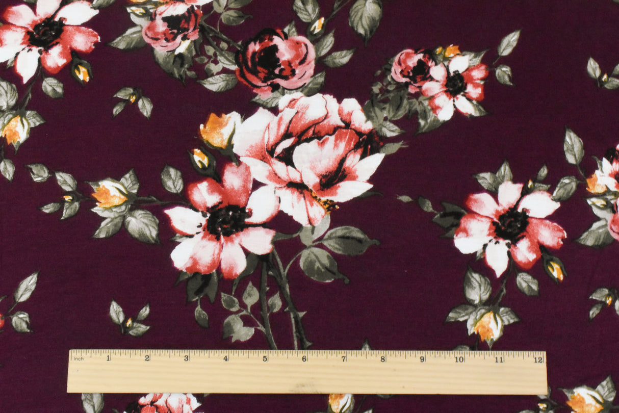 1 Yard Vintage Maroon Olive Multi Floral Printed Stretch Rayon Jersey Knit Fabric 52 Inches Wide