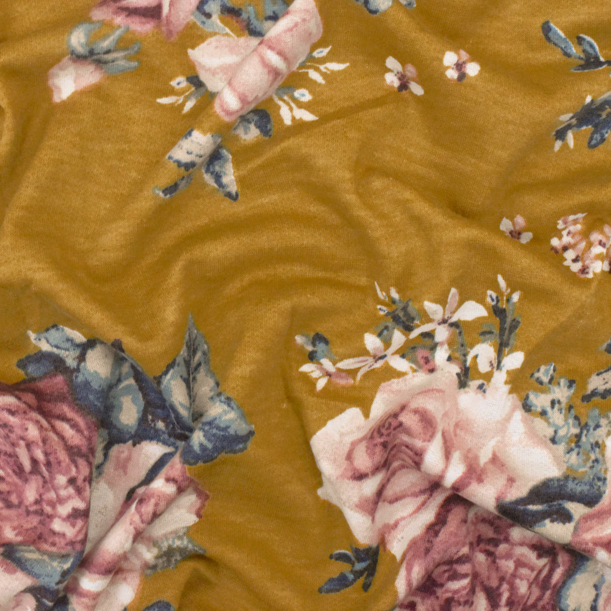 1 Yard Earth Yellow Pink Multi Floral Print Stretch French Baby Terry Knit Fabric 62 Inches Wide