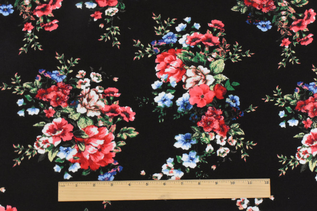 1 Yard Night Black Red Multi Floral Printed Stretch Rayon Jersey Knit Fabric 63 Inches Wide