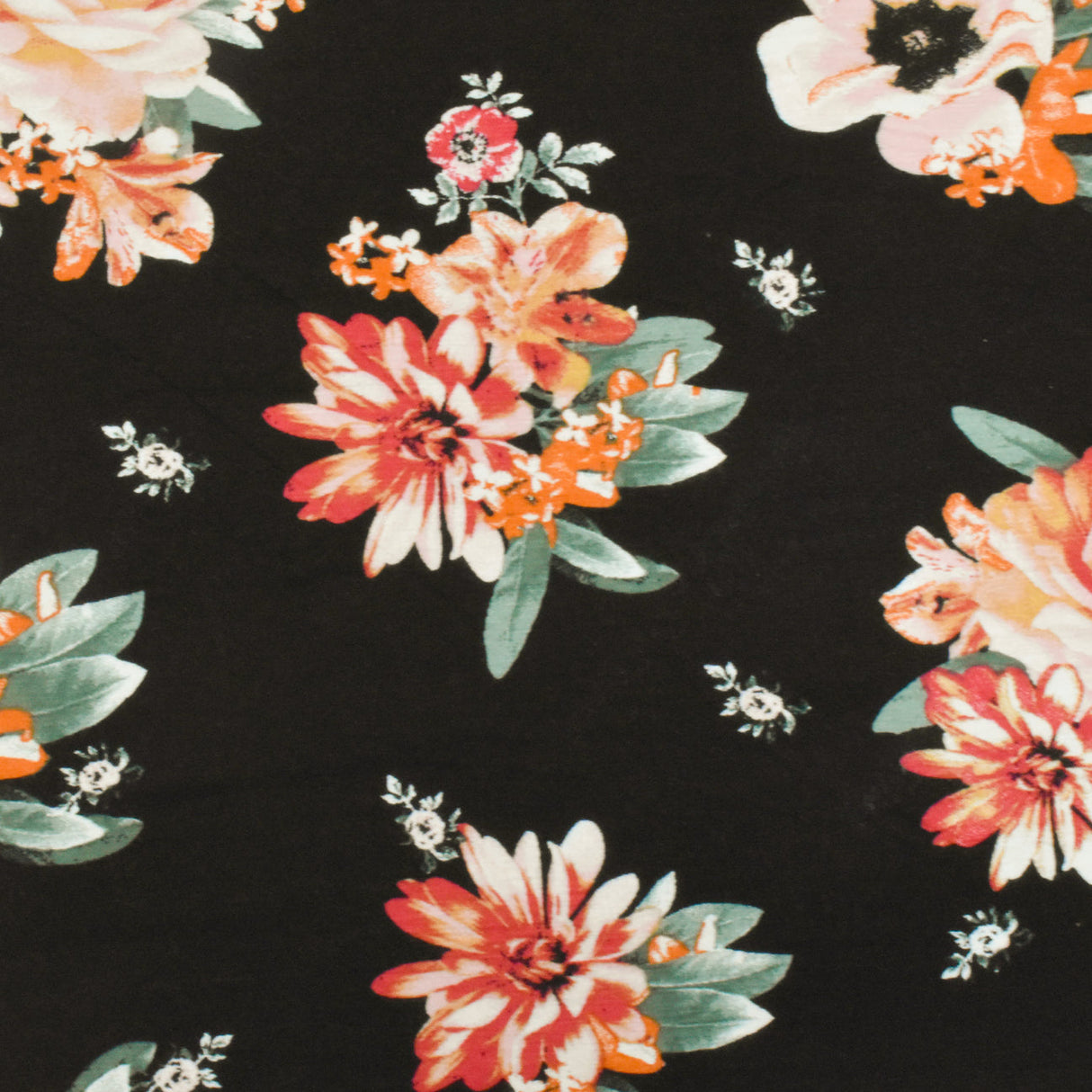 1 Yard Black Orange Multi Floral Printed Stretch Rayon Jersey Knit Fabric 62 Inches Wide