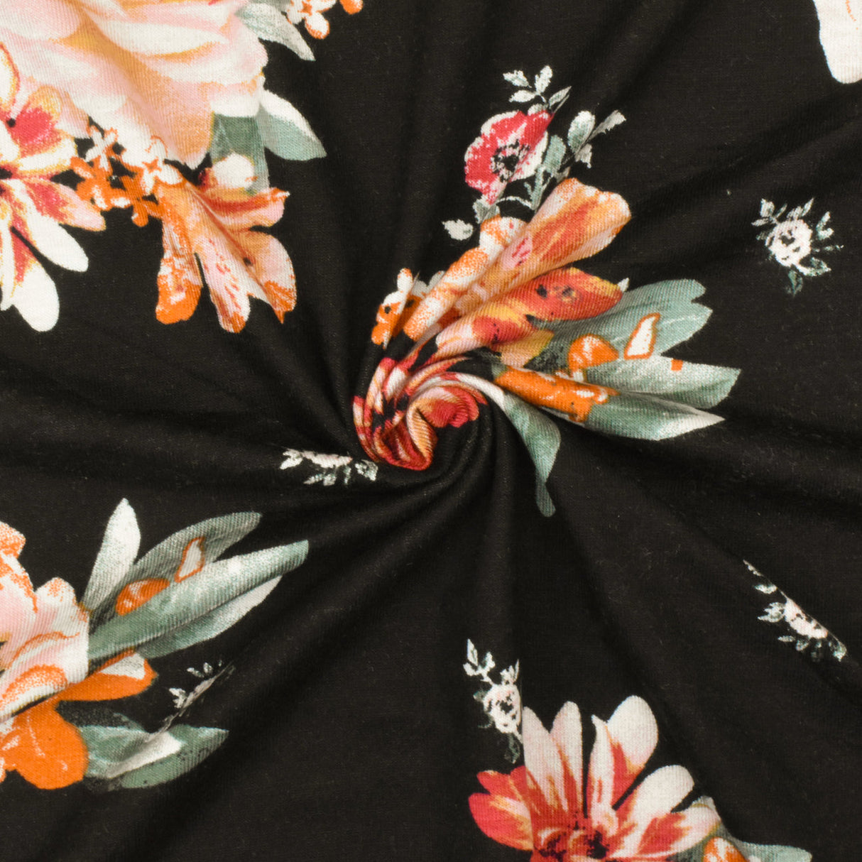 1 Yard Black Orange Multi Floral Printed Stretch Rayon Jersey Knit Fabric 62 Inches Wide