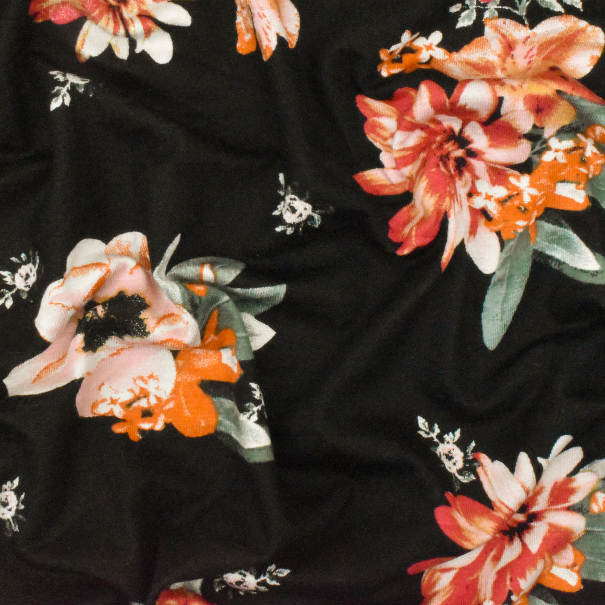 1 Yard Black Orange Multi Floral Printed Stretch Rayon Jersey Knit Fabric 62 Inches Wide