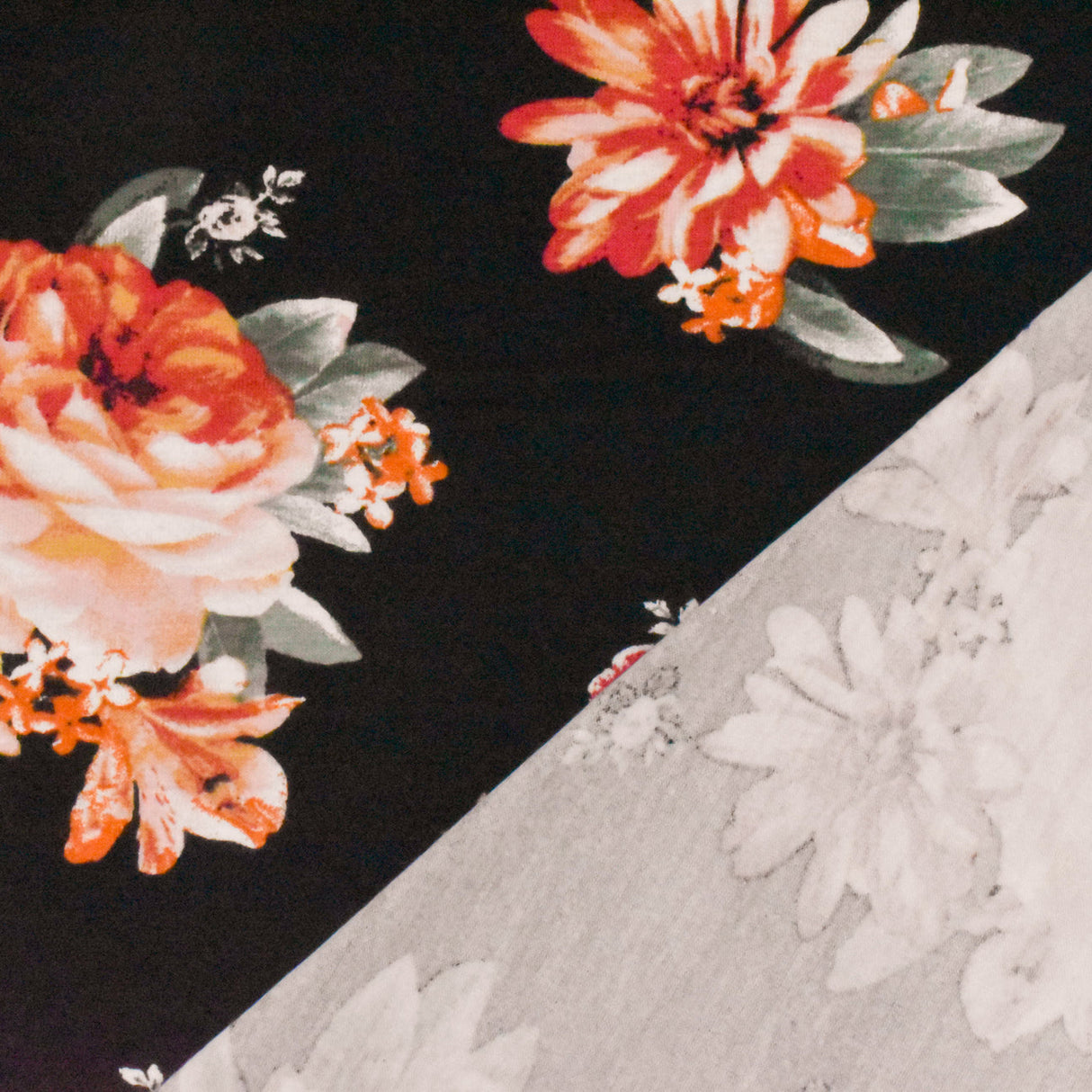 1 Yard Black Orange Multi Floral Printed Stretch Rayon Jersey Knit Fabric 62 Inches Wide