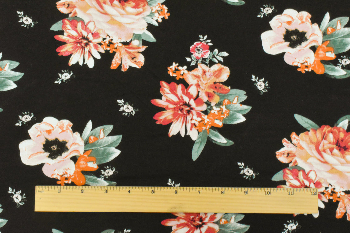 1 Yard Black Orange Multi Floral Printed Stretch Rayon Jersey Knit Fabric 62 Inches Wide