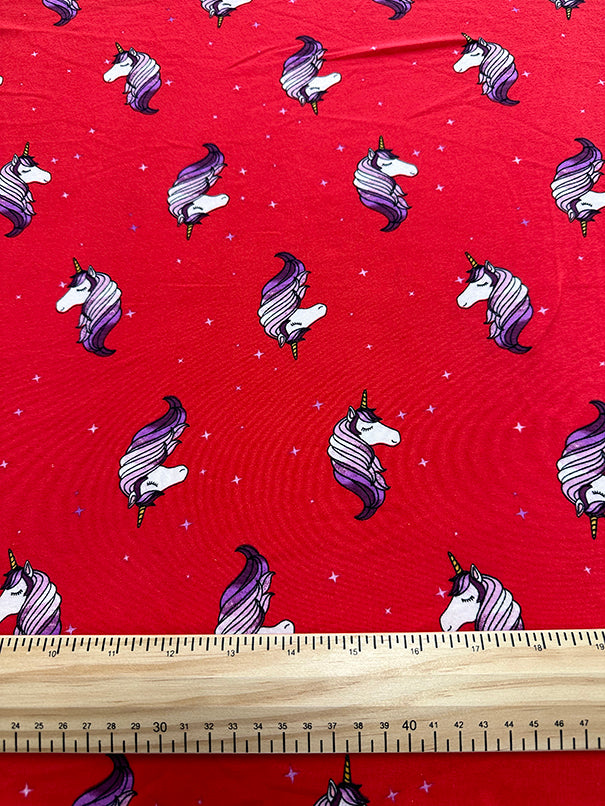 1 Yard Red and White Star Unicorn Printed Double Brushed Jersey Knit Fabric 58 Inches Wide