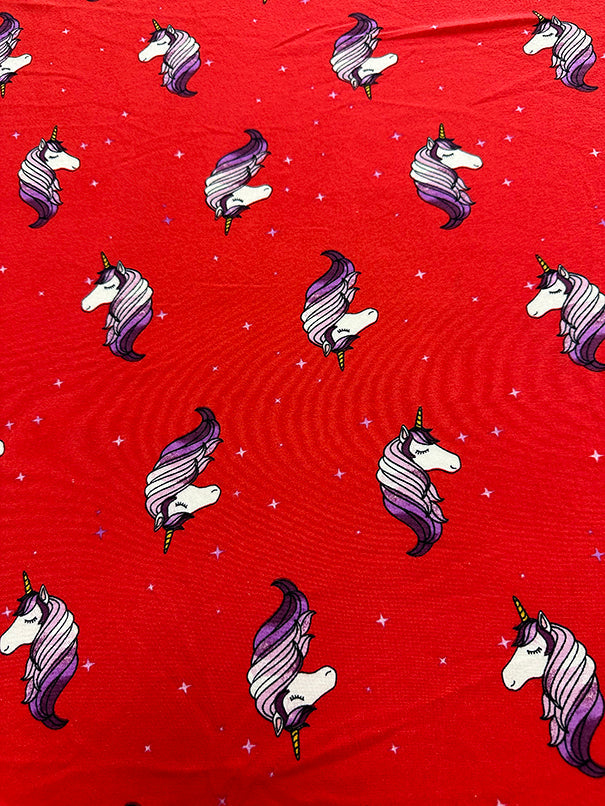 1 Yard Red and White Star Unicorn Printed Double Brushed Jersey Knit Fabric 58 Inches Wide
