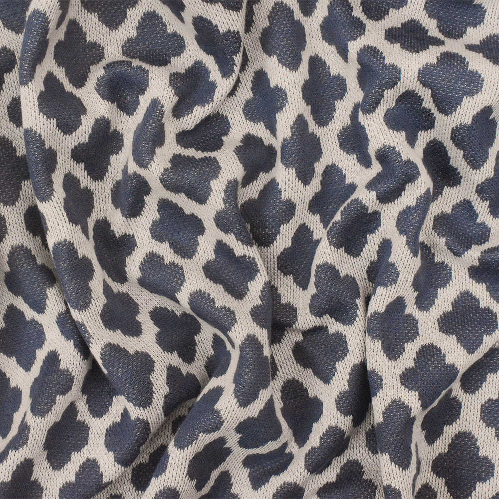 1 Yard Dusty Blue Taupe Quatrefoil Poly Cotton Double Knit Fabric Soft Stretch 58 Inches Wide