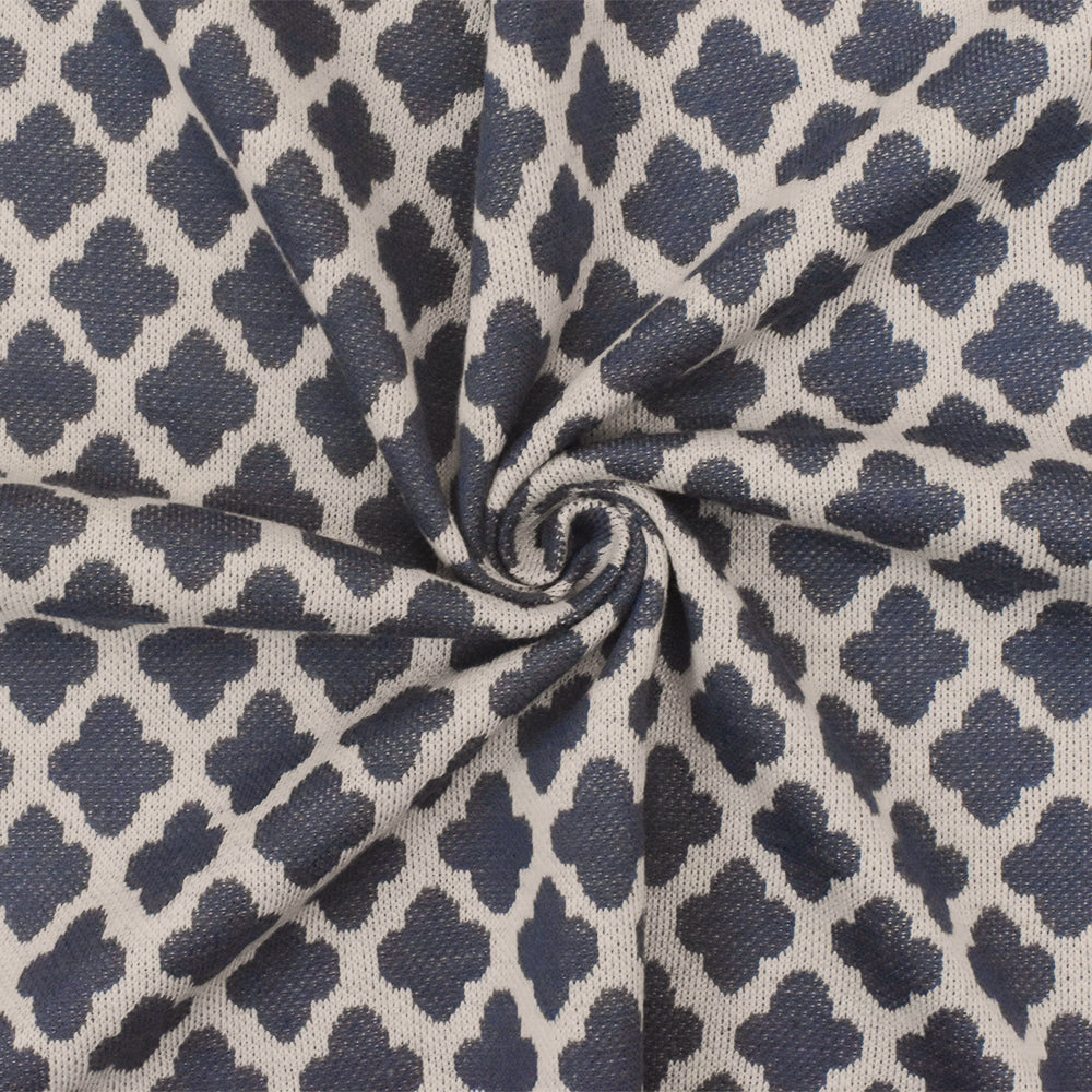 1 Yard Dusty Blue Taupe Quatrefoil Poly Cotton Double Knit Fabric Soft Stretch 58 Inches Wide