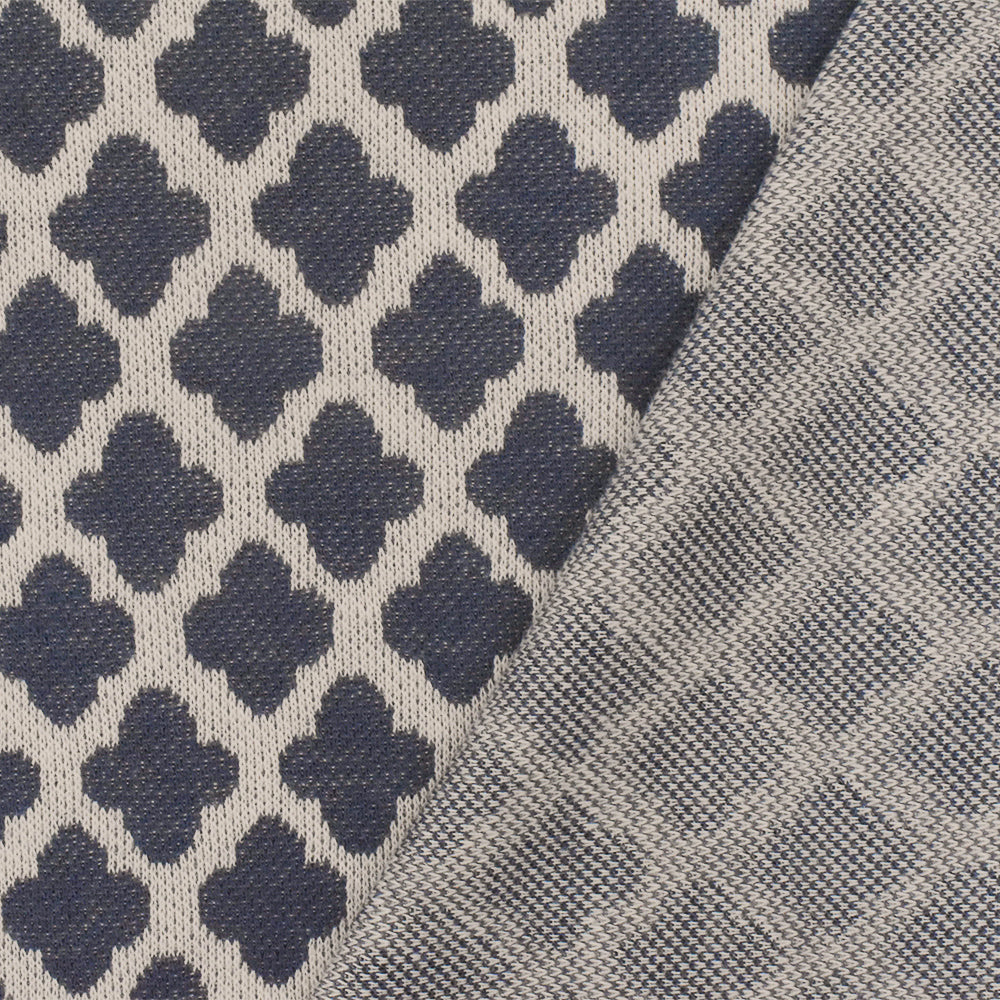 1 Yard Dusty Blue Taupe Quatrefoil Poly Cotton Double Knit Fabric Soft Stretch 58 Inches Wide