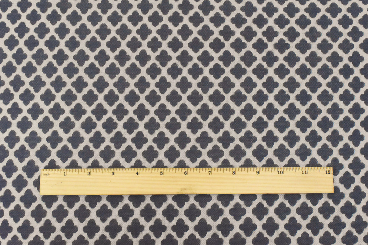 1 Yard Dusty Blue Taupe Quatrefoil Poly Cotton Double Knit Fabric Soft Stretch 58 Inches Wide