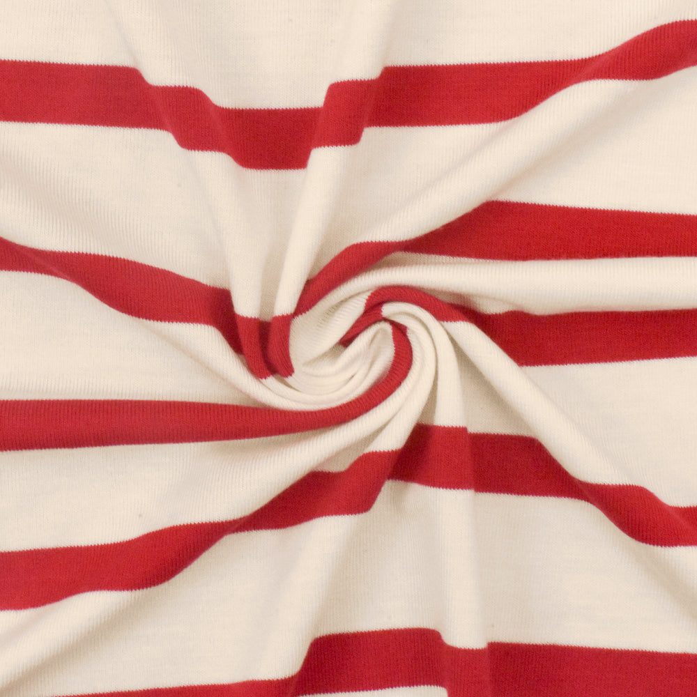 ব্লাউজ এবং পোশাকের জন্য ১ গজ রিচ রেড আইভরি স্ট্রাইপ স্প্যানডেক্স রেয়ন মডেল জার্সি নিট ফ্যাব্রিক ৫৯ ইঞ্চি প্রস্থ