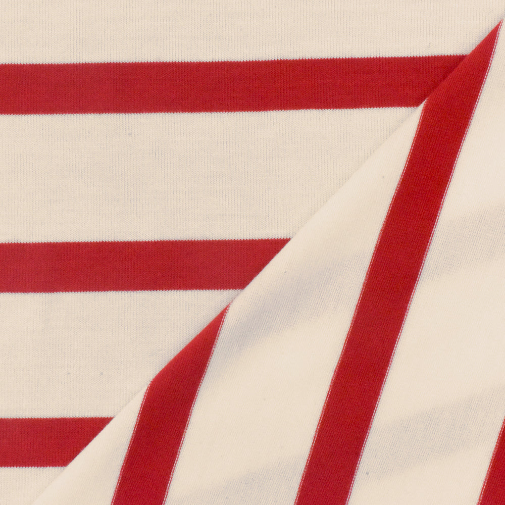 ব্লাউজ এবং পোশাকের জন্য ১ গজ রিচ রেড আইভরি স্ট্রাইপ স্প্যানডেক্স রেয়ন মডেল জার্সি নিট ফ্যাব্রিক ৫৯ ইঞ্চি প্রস্থ
