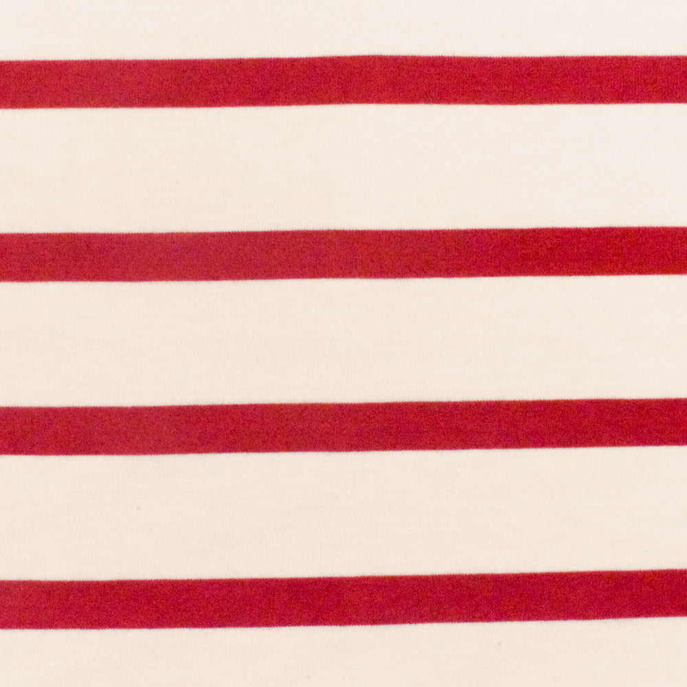ব্লাউজ এবং পোশাকের জন্য ১ গজ রিচ রেড আইভরি স্ট্রাইপ স্প্যানডেক্স রেয়ন মডেল জার্সি নিট ফ্যাব্রিক ৫৯ ইঞ্চি প্রস্থ