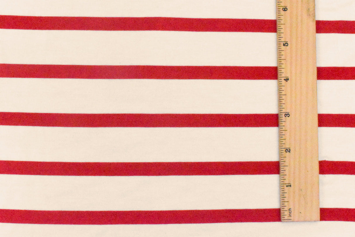 ব্লাউজ এবং পোশাকের জন্য ১ গজ রিচ রেড আইভরি স্ট্রাইপ স্প্যানডেক্স রেয়ন মডেল জার্সি নিট ফ্যাব্রিক ৫৯ ইঞ্চি প্রস্থ