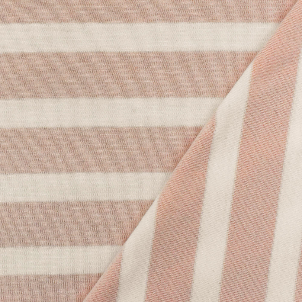 ব্লাউজ এবং পোশাকের জন্য ১ গজ বেবি পিঙ্ক আইভরি স্ট্রাইপ স্প্যানডেক্স রেয়ন মডেল জার্সি নিট ফ্যাব্রিক ৫৮ ইঞ্চি প্রস্থ