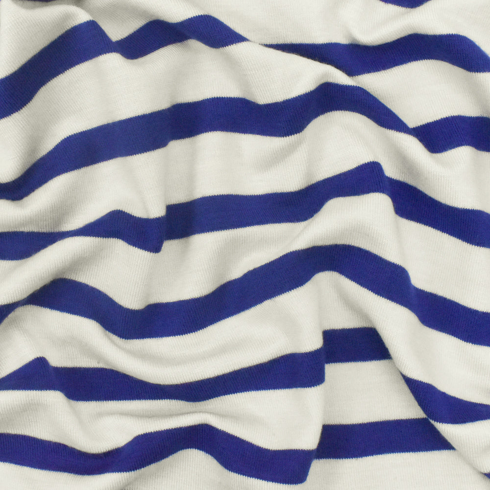 1 Yard Modern Blue Ivory Stripe Spandex Rayon Modal Jersey Knit Fabric For Blouses And Activewear 58 Inches Width
