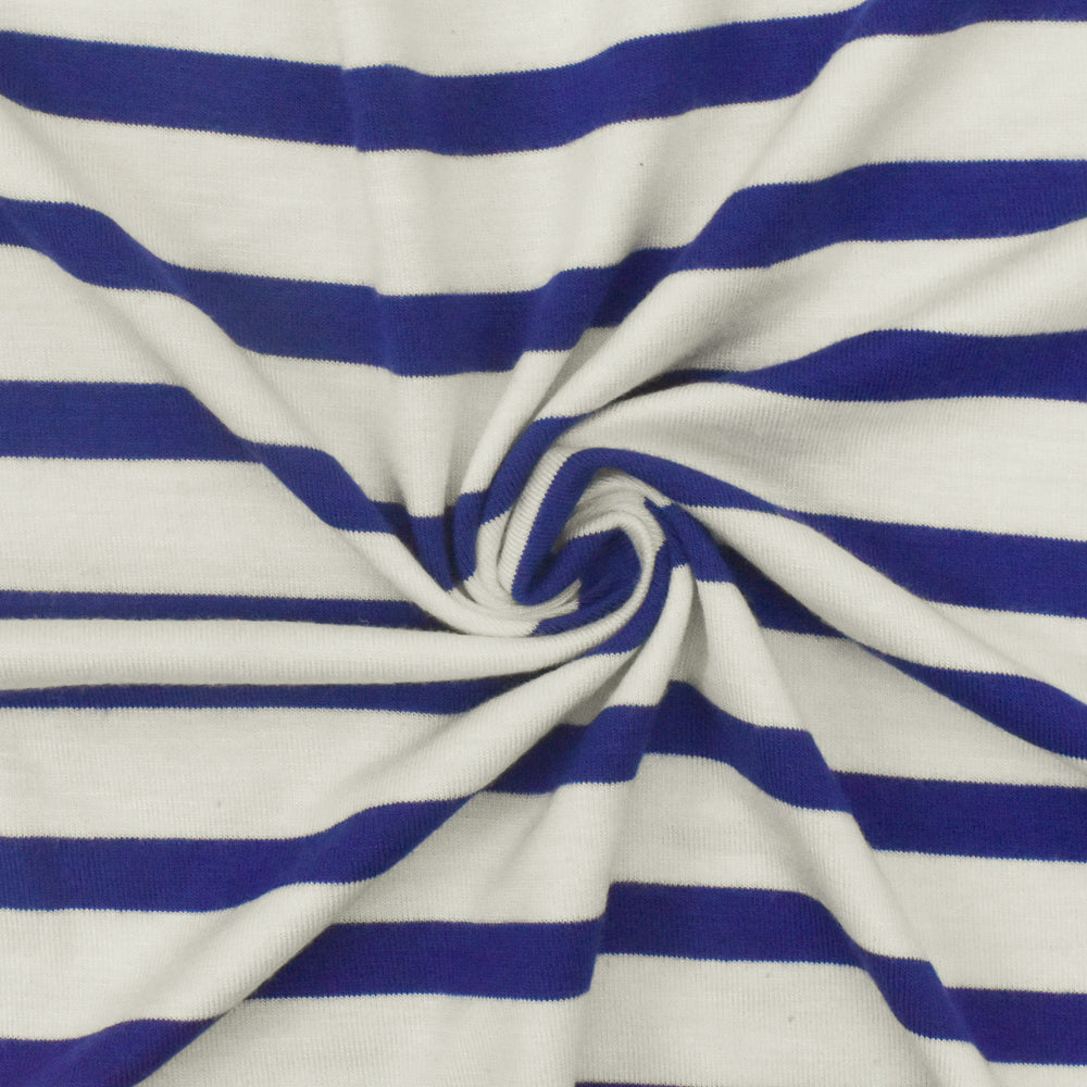 1 Yard Modern Blue Ivory Stripe Spandex Rayon Modal Jersey Knit Fabric For Blouses And Activewear 58 Inches Width