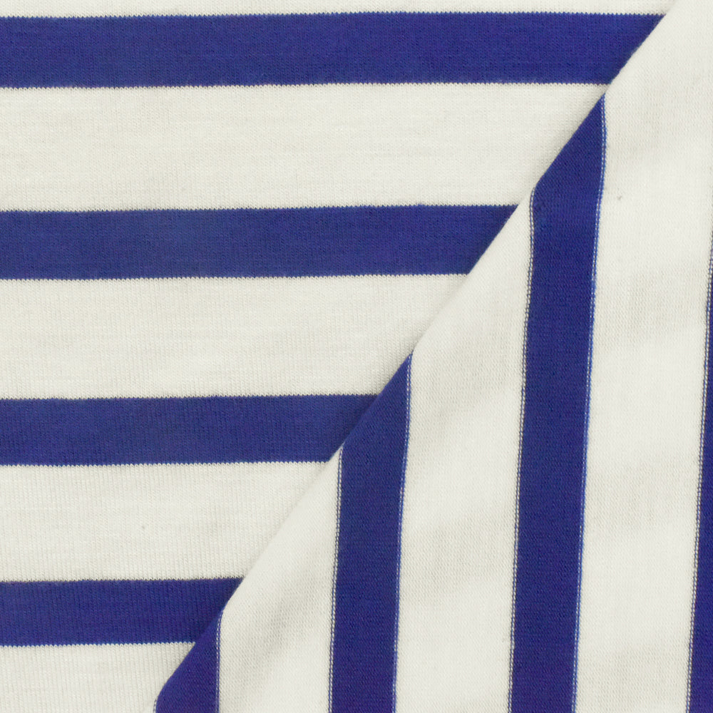 1 Yard Modern Blue Ivory Stripe Spandex Rayon Modal Jersey Knit Fabric For Blouses And Activewear 58 Inches Width