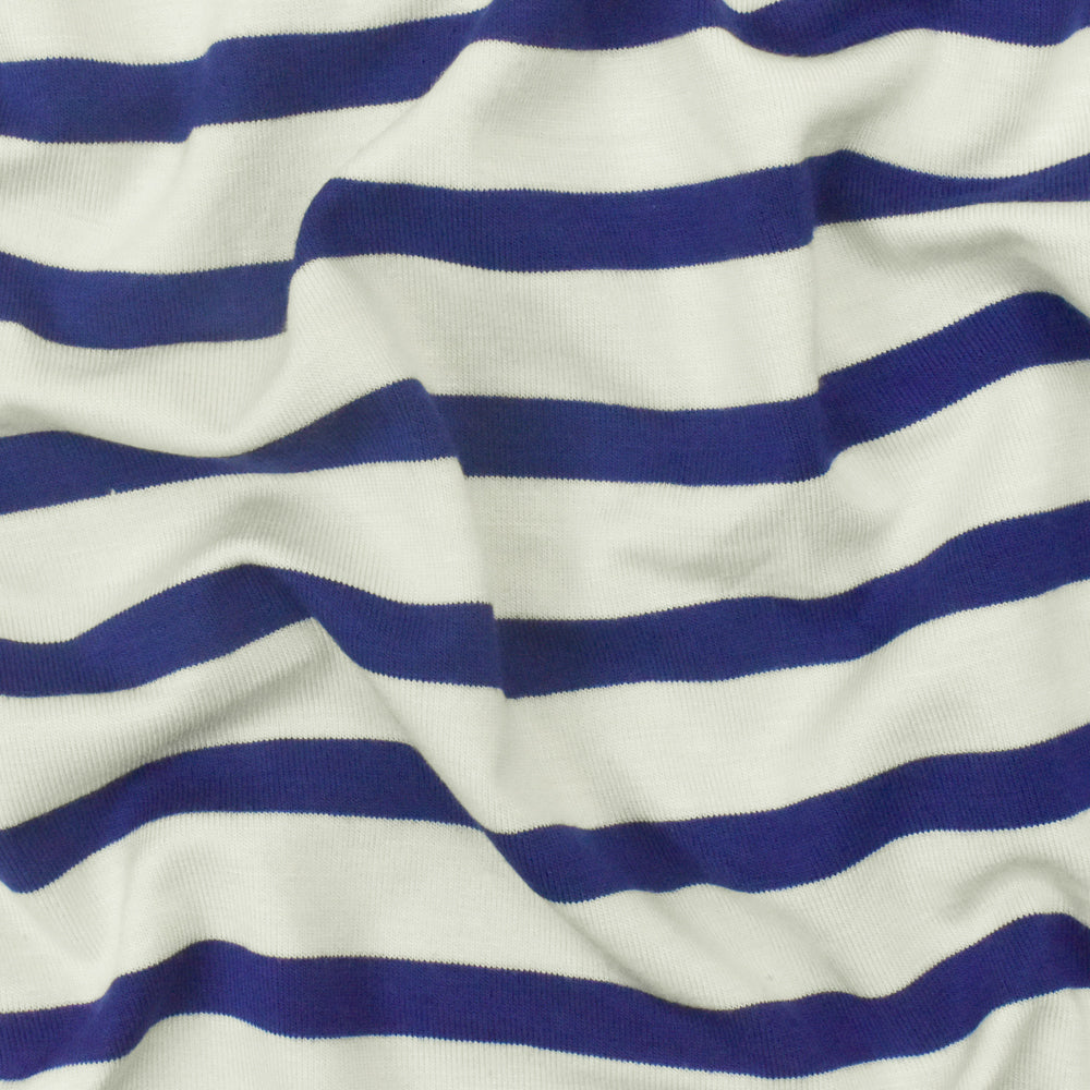 1 Yard Diamond Blue Ivory Stripe Spandex Rayon Modal Jersey Knit Fabric For Dresses And Activewear 58 Inches Width