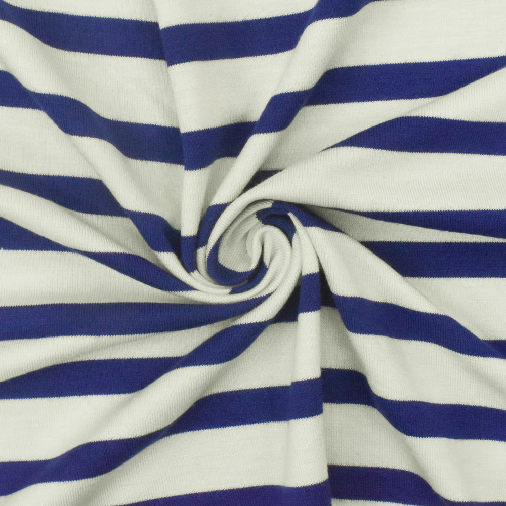 1 Yard Diamond Blue Ivory Stripe Spandex Rayon Modal Jersey Knit Fabric For Dresses And Activewear 58 Inches Width